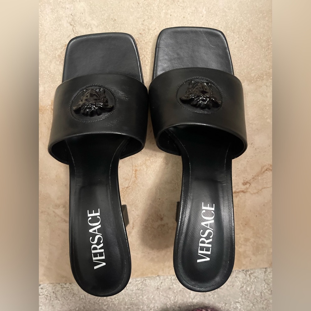 Versace black square toe heels, basically brand new, never worn outside